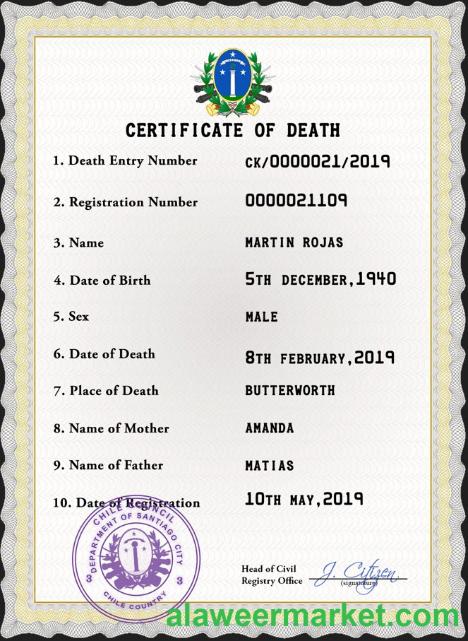 Chile vital record death certificate PSD template